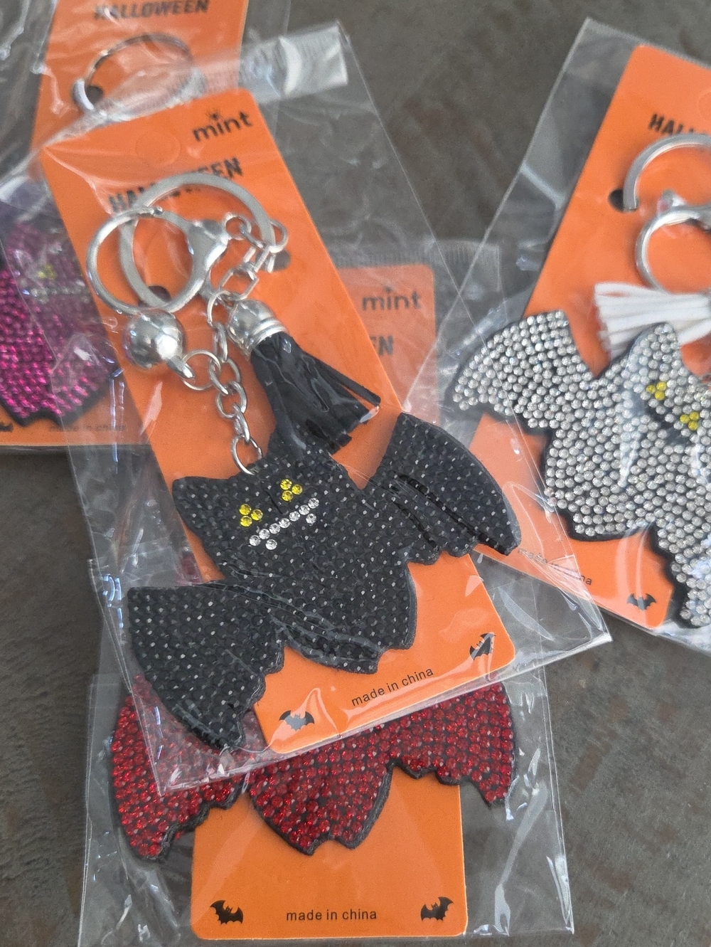 Halloween Rhinestone Bat Keychain - Black, Purple, Silver,  Red